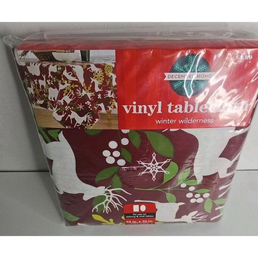 December Home‎ Vinyl Table Cloth Burgandy Reindeer Size Oblong 52 In X 70 In New